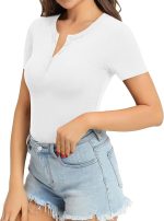MANGOPOP Women's Round Neck Button Down Short Sleeve Long Sleeve Bodysuit Slim Fit Tops - Image 3